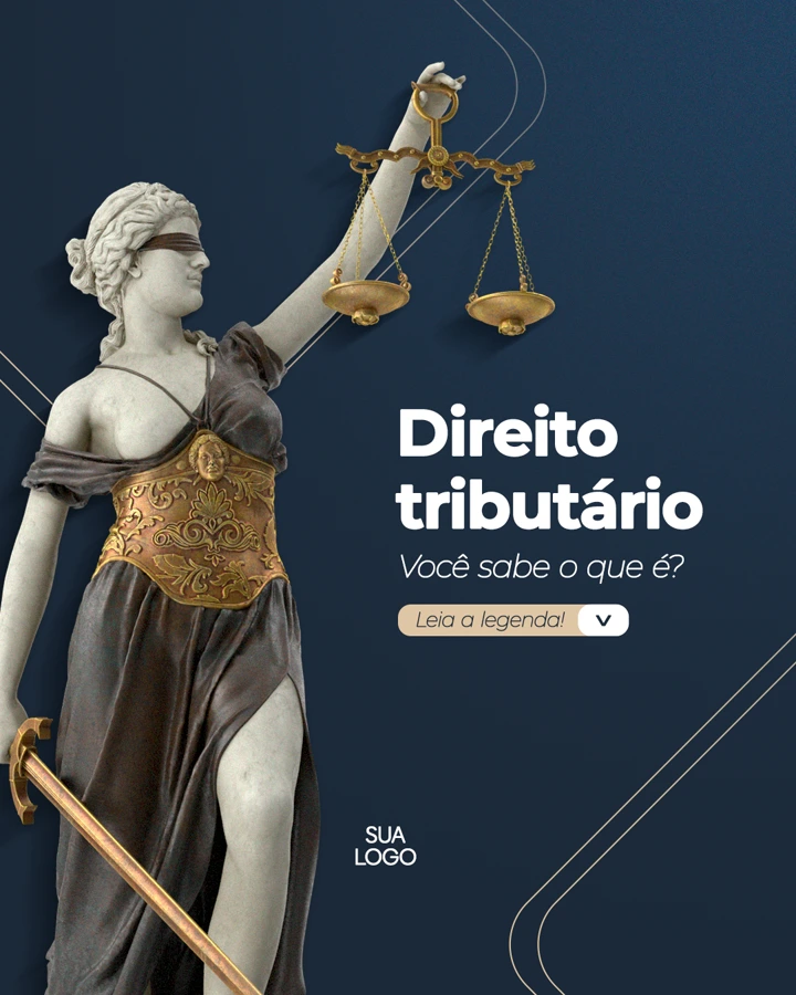 Arte sobre direito tributário com a estátua da Justiça em fundo azul escuro.