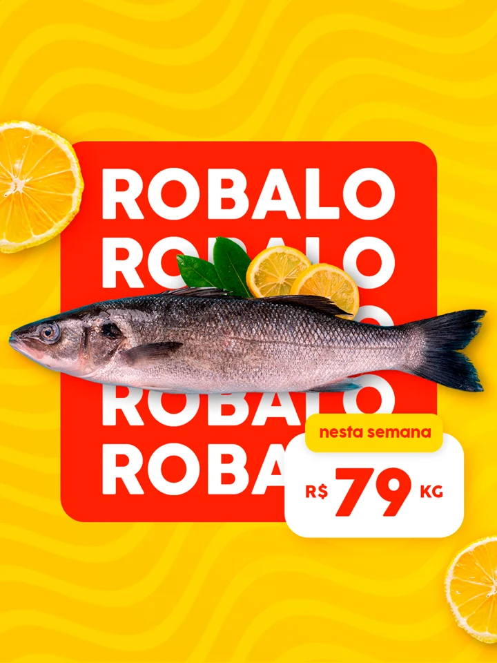 Campanha de robalo com peixe e limões em fundo amarelo.