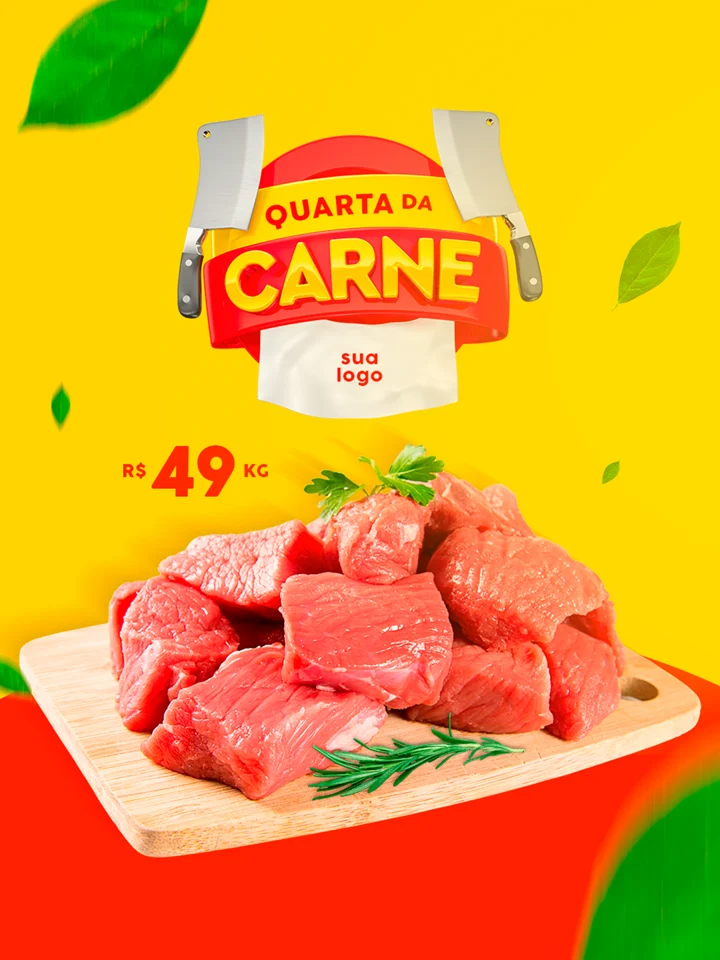 Campanha de açougue com cortes de carne em fundo amarelo.