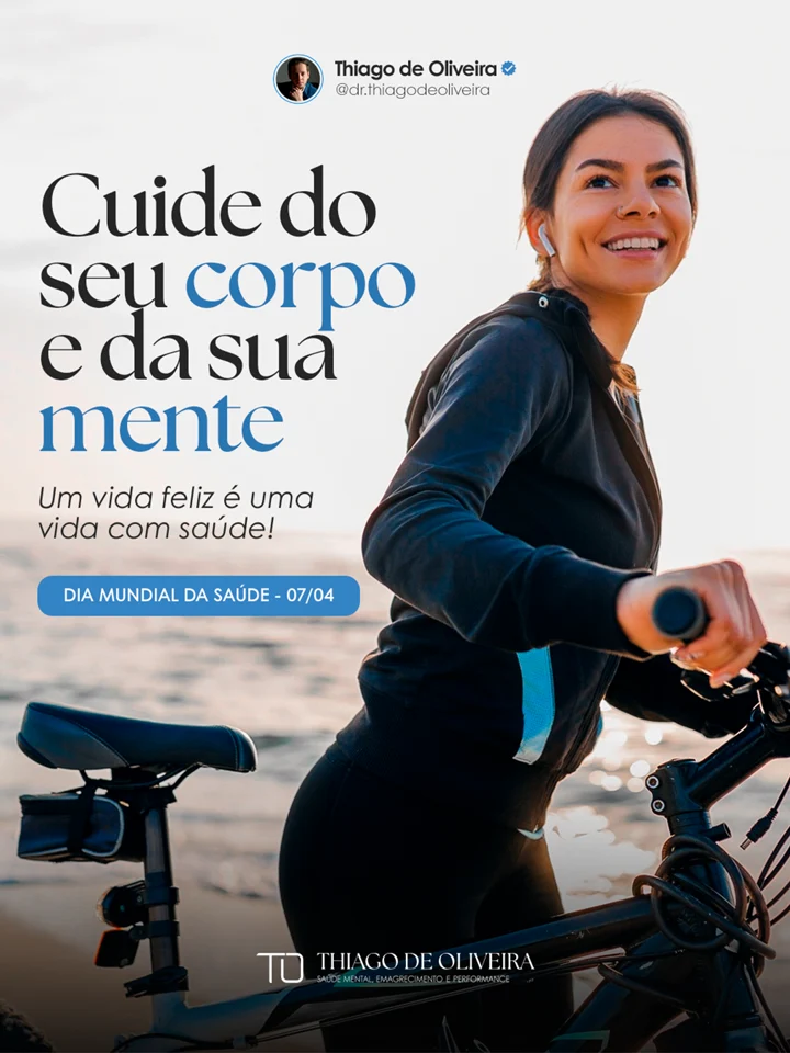 Campanha de saúde com mulher de bicicleta e tipografia azul.