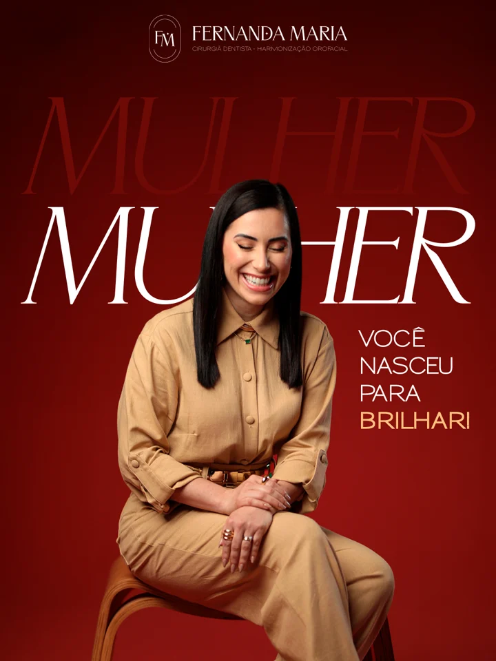 Campanha para mulheres com retrato e composição em vinho e bege.